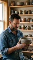 Caucasian middle-aged male potter examining handmade ceramic bowl in rustic studio with shelves of stoneware pottery in background.