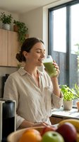 Young woman of mixed ethnicity in casual beige linen shirt enjoying fresh green juice in modern kitchen with plants and natural light from large windows, promoting healthy lifestyle and wellness.