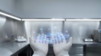 Modern laboratory scientist hands displaying holographic data visualization with glowing digital interface in sterile research facility environment.