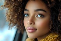 Close up portrait of young African American woman with natural curly hair and glowing skin wearing yellow knit sweater, looking at camera with gentle smile.