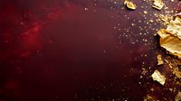 Luxurious dark red background with scattered gold leaf fragments and metallic dust creating elegant contrast. Abstract festive composition for luxury designs.