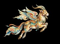 Ornate golden winged goat with decorative blue and red patterns, isolated on transparent background. Ready for t-shirt design, clipart, stickers, sublimation, and print-on-demand projects.
