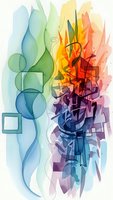 Abstract watercolor composition with geometric shapes and flowing organic forms in rainbow gradient colors for modern design projects.