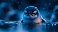 Adorable baby penguin chick with fluffy feathers emerging from icy water during snowfall, showcasing Antarctic wildlife in natural habitat for nature photography.