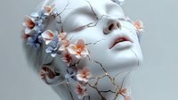 Ethereal white sculpture of feminine face adorned with delicate peach and blue flowers, cracked porcelain texture creates artistic contrast against soft floral elements.