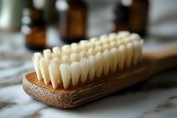 Natural bamboo brush with soft white bristles on marble surface, amber glass bottles in background. Eco-friendly sustainable bathroom accessories.