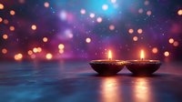 Two lit oil lamps against blurred purple and blue bokeh background, creating spiritual atmosphere for Diwali celebration or meditation practice.