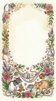 Decorative floral frame with cute mice, roses, lavender and golden swirls on cream background for greeting cards, invitations and scrapbooking projects.