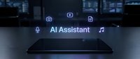 AI assistant holographic interface with icons floating above smartphone screen in modern tech environment for digital innovation concepts.