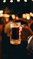 Hand holding a cold beer mug at night outdoor party with warm bokeh lights in background. Perfect for beverage, celebration, and lifestyle content.