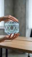 Hands protecting holographic geometric cube with glowing network lines representing data security, blockchain technology and digital innovation concepts.