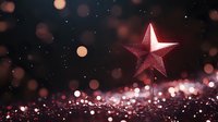 Glowing red star decoration against dark background with sparkling bokeh lights and glitter, creating magical holiday atmosphere. Festive Christmas concept.