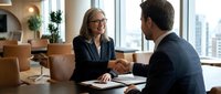 Professional mature businesswoman with glasses shaking hands with male colleague in modern office meeting room during successful business negotiation.