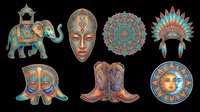 Ornate elephant, African mask, mandala patterns, and tribal headdress isolated on transparent background. Ready for t-shirt design, clipart, stickers, sublimation, and print-on-demand projects.