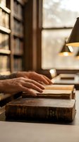 Hands turning pages of vintage book in cozy library with warm lighting and bookshelves background for reading and literature concepts.