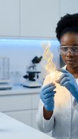 African American female scientist examining glowing DNA double helix model in modern laboratory wearing safety goggles and blue gloves for genetic research.
