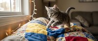 Adorable tabby kitten sitting on colorful patchwork quilt by sunny window in cozy bedroom interior with warm natural lighting for pet and home decor themes.