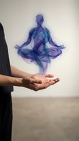Ethereal blue smoke figure in lotus meditation pose floating above open palm representing mindfulness, spiritual wellness and inner peace concepts.