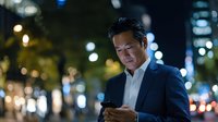 Professional Asian businessman in navy suit using smartphone on city street at night with bokeh lights for corporate communication concepts.