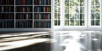 Modern library interior with dark wooden bookshelves along wall, large bright windows, sunlight casting dramatic shadows on polished floor, minimalist architectural design.