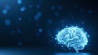 Digital brain made of glowing blue particles and neural networks on dark background with bokeh lights for artificial intelligence concepts.
