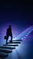 Businessman silhouette climbing glowing stairs with briefcase on blue purple gradient background representing career growth and success journey.