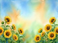 Watercolor sunflower field border with bright yellow blooms and green stems against soft blue orange sky background for summer designs.