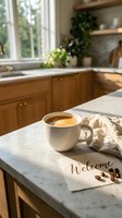 Coffee mug on marble kitchen island with welcome note, linen napkin, and coffee beans in warm sunlit modern farmhouse kitchen.