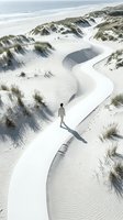 Aerial view of a solitary male figure standing on white sand dunes with marram grass, overlooking a vast beach and ocean horizon. Perfect for travel, nature, and lifestyle concepts.