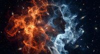 Fire and ice elemental forces colliding in cosmic space with dramatic orange flames meeting blue frost creating powerful energy explosion against starry backdrop.