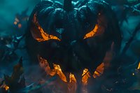 A menacing dark creature with glowing orange eyes and molten features emerges from shadowy depths, perfect for horror, gaming, and fantasy design projects.
