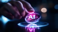 Futuristic glowing AI symbol with purple and blue light effects floating above reflective surface, hand reaching towards holographic artificial intelligence concept.