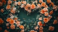 Peach roses and white flowers create romantic arch frame on dark emerald background, moody garden atmosphere with soft bokeh effect and lush foliage.
