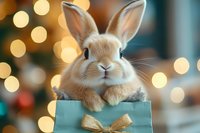 Adorable beige bunny rabbit peeking out of mint green gift box with gold bow against blurred Christmas lights and bokeh background, creating magical holiday atmosphere.