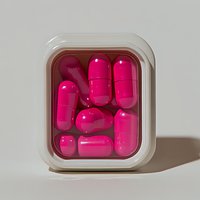 Bright pink capsule pills in white square plastic container against neutral background, minimalist pharmaceutical composition for medical concepts.