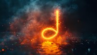 Glowing musical note symbol with fiery orange light effects and sparkling particles on dark cosmic background for creative projects and music themes.