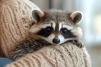Cute raccoon held in human arms wrapped in beige knit sweater, showing adorable masked face and curious expression. Wildlife pet portrait.