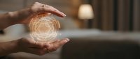 Hands protecting glowing energy sphere with geometric patterns symbolizing innovation, technology and future concepts in modern interior setting.