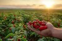Fresh red chili peppers in farmer's hand against beautiful sunrise over agricultural field, organic farming concept perfect for food industry and agriculture marketing.