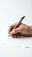 Male hand holding elegant fountain pen ready to write on white paper against clean background for business and office documentation.