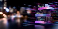 Futuristic digital data blocks with glowing purple light effects and programming code elements on dark background with bokeh lights and copy space.