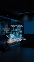 Businessman holding tablet displaying digital transformation diagram with conventional methods, transition zone, and digital solutions icons in modern office environment.