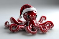 Red octopus wearing white and red glitter Santa hat on light background, festive marine character for Christmas and winter holiday designs.