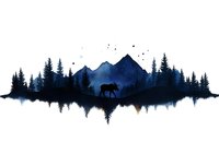 Silhouette of moose walking through pine forest against mountain backdrop in deep blue watercolor style, with starry night sky and mirror reflection creating soundwave effect.