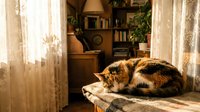 Calico cat sleeping peacefully on wooden surface near window with warm sunlight streaming through lace curtains in cozy home interior with bookshelves.