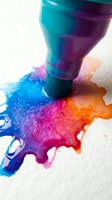 Colorful paint brush applying vibrant blue, purple, pink and orange watercolor strokes on white paper for artistic projects and creative design work.