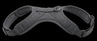 Dark gray padded dog harness with metal ring, isolated on transparent background, ready for pet product clipart, stickers, print on demand, and T-shirt design use.