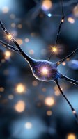 Glowing neuron cell with illuminated synapses transmitting electrical signals through neural network connections in abstract scientific visualization for medical and educational use.
