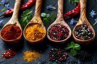 Colorful aromatic spices in wooden spoons on dark background with fresh herbs and chili peppers, perfect for cooking, food blog, or restaurant menu design.