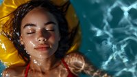 Young woman with medium skin tone relaxing in swimming pool wearing yellow float ring and red swimwear, enjoying summer leisure and water recreation activities.